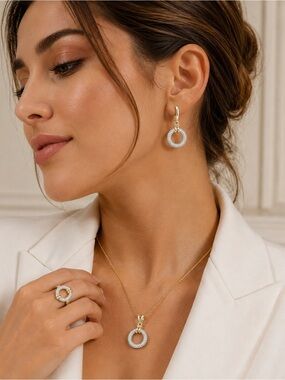 Gold Pavé Circle Jewelry Set | Crystal Hoop Earrings, Pendant Necklace & Stateme